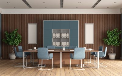 Modern boardroom with meeting table,office chair and wooden panel on background - 3d rendering