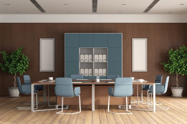 Modern boardroom with meeting table,office chair and wooden panel on background - 3d rendering